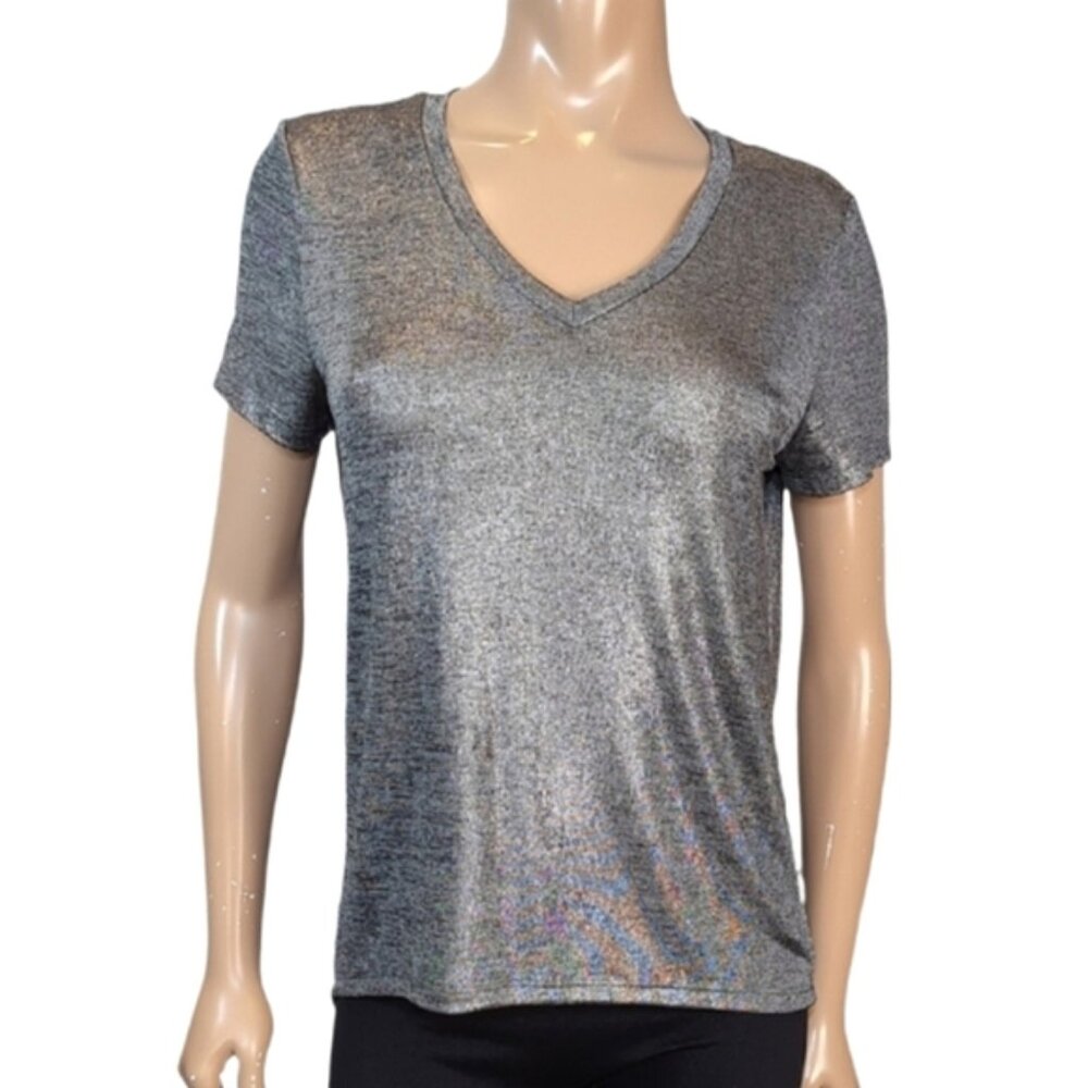 💠Joe Fresh Metallic Silver Vneck Tshirt Womens Size XS Shimmer Short Sleeve Top